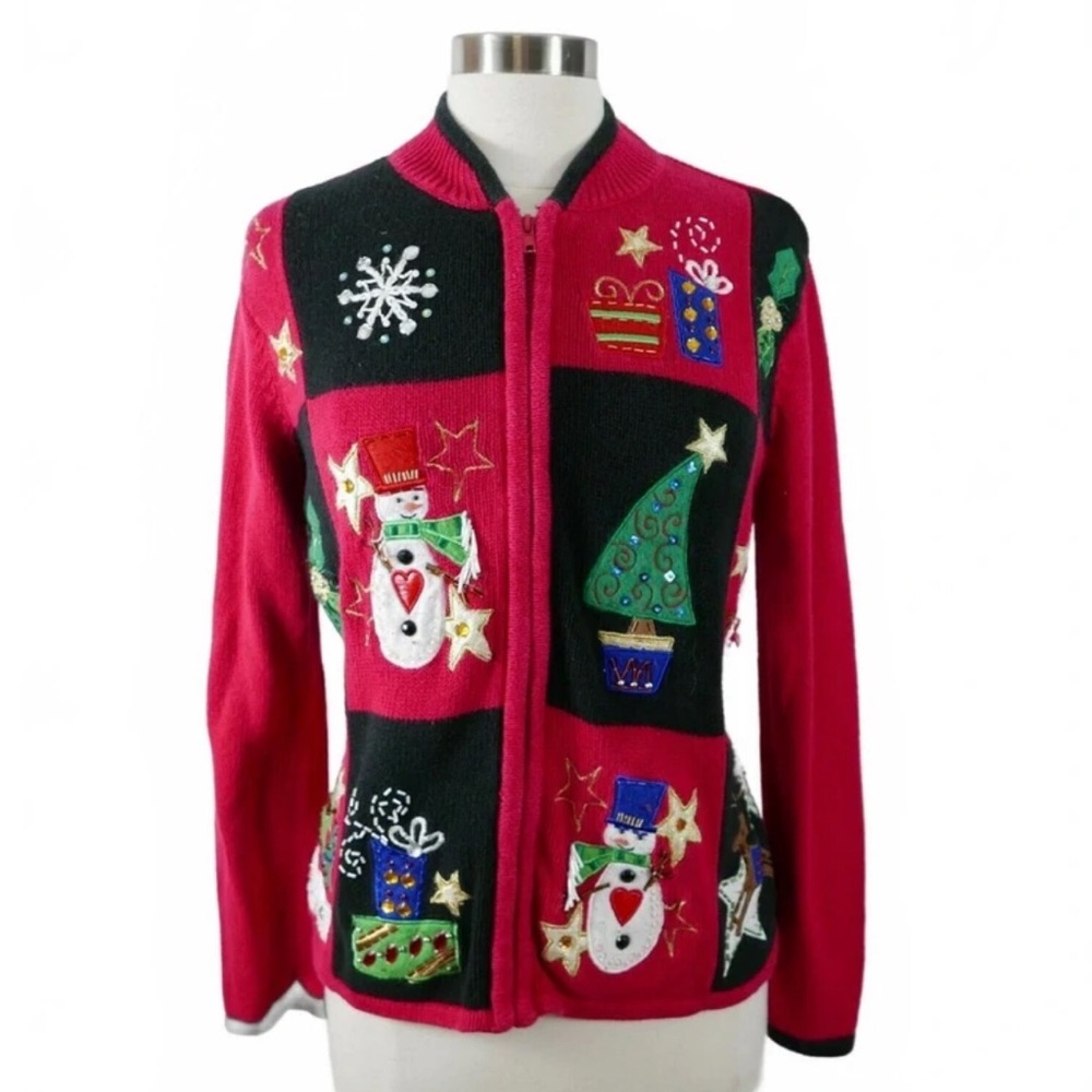 Festive Women's Cardigan Sweater - Red and Black